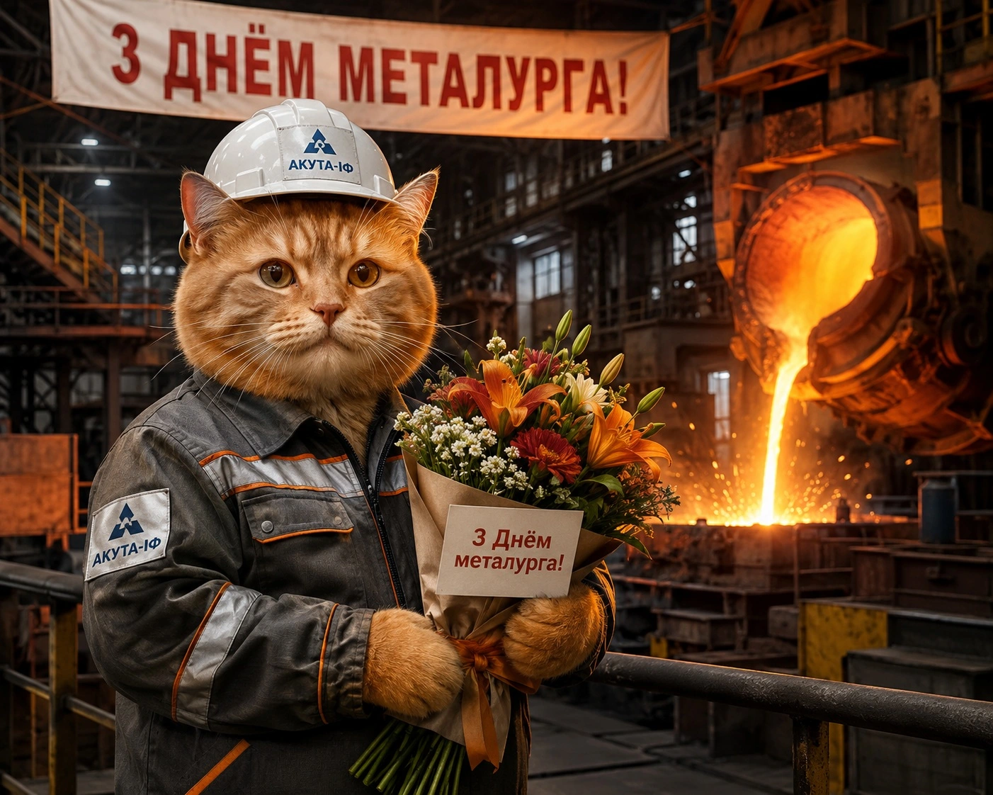 Антрапаморфны рэалістычны кот у ахоўнай касцы, спецадзенні і з букетам кветак на фоне металургічнага цэха з расплаўленым металам — віншаванне з Днём металурга ад кампаніі «АКУТА-ІФ».