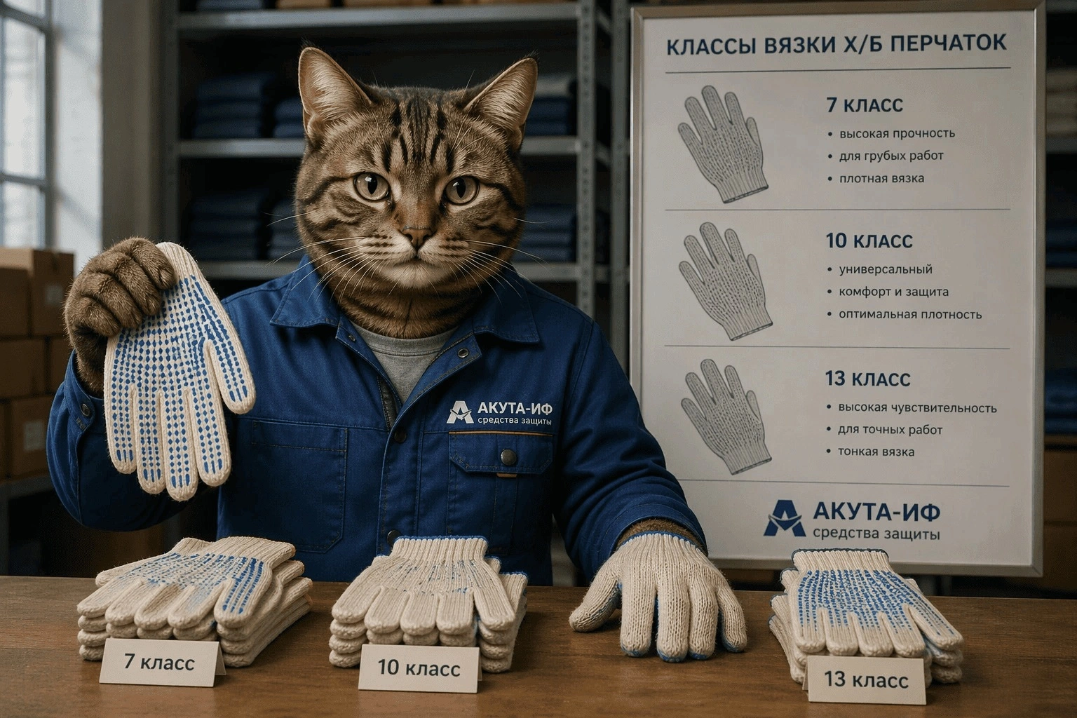 Антропоморфный кот в рабочей одежде демонстрирует х/б перчатки разных классов вязки (7, 10, 13) на складе средств индивидуальной защиты.