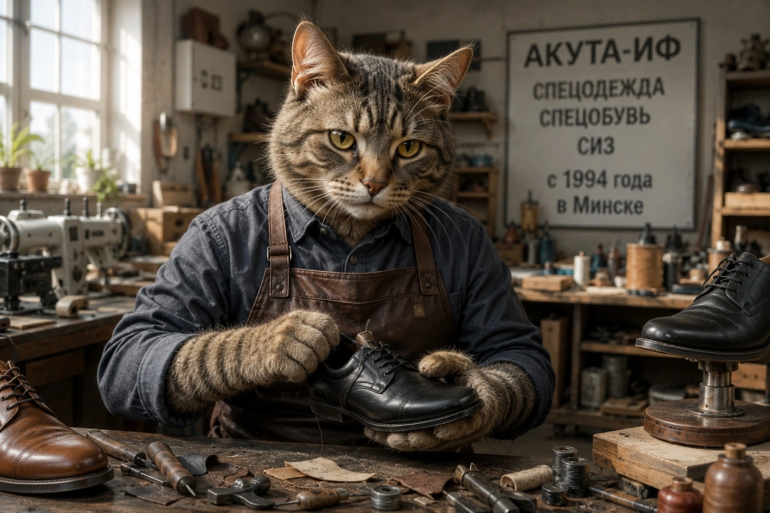 Антропоморфный реалистичный кот в рабочей спецодежде в мастерской обувного производства, аккуратно держит и осматривает кожаную обувь на рабочем столе среди инструментов и материалов.