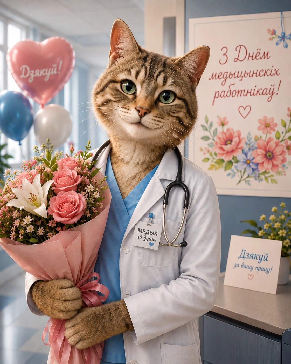Рэалістычны антрапаморфны кот у белым медыцынскім халатце са стэтаскопам на шыі стаіць у бальніцы і трымае букет кветак. На фоне — святочнае віншаванне па-беларуску да Дня медыцынскіх работнікаў, паветраныя шары і паштоўка з падзякай. Атмасфера цёплая і святочная, з мяккім натуральным асвятленнем.